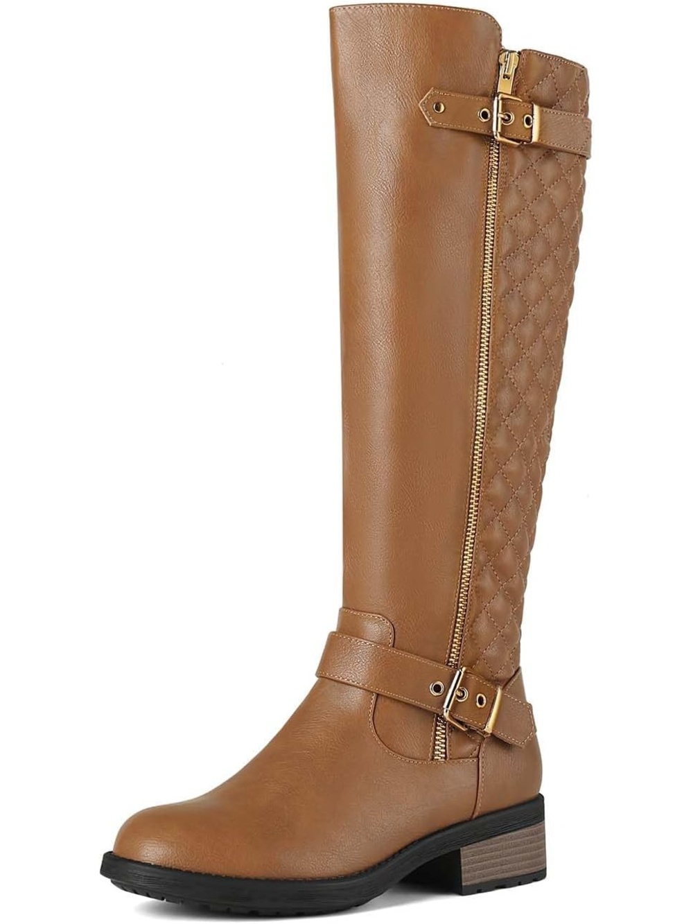 Women's Camel Chunky Block Heel Round Toe Side Zipper Fashion Knee High Boots